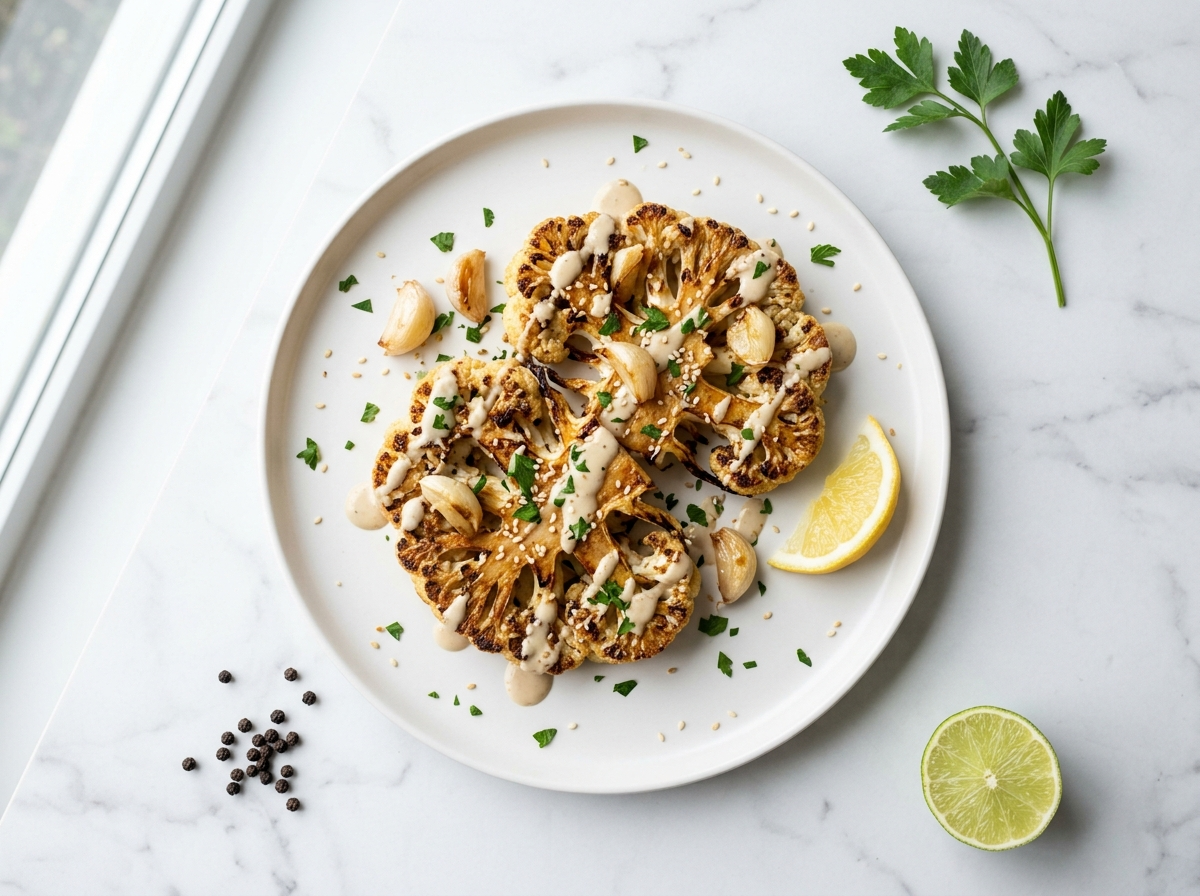 Roasted Garlic Cauliflower Steaks with Tahini