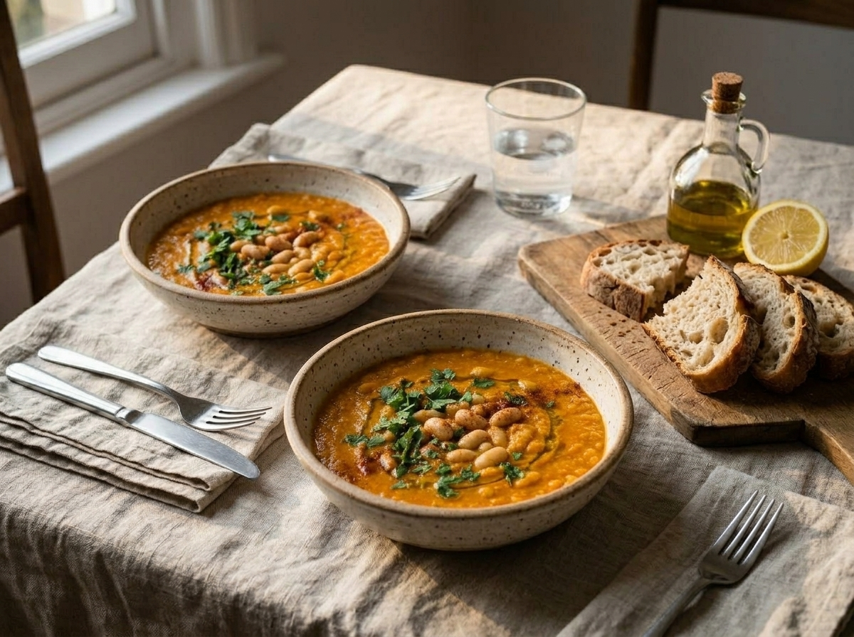 Two bowls of smoky carrot white bean soup on a linen table with sourdough bread and olive oil