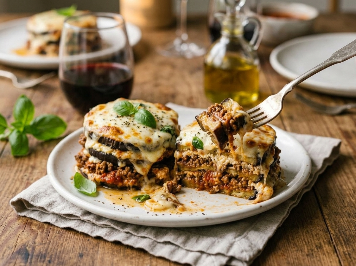 Plated keto eggplant lasagna stacks beside a glass of red wine on a linen-covered wooden table