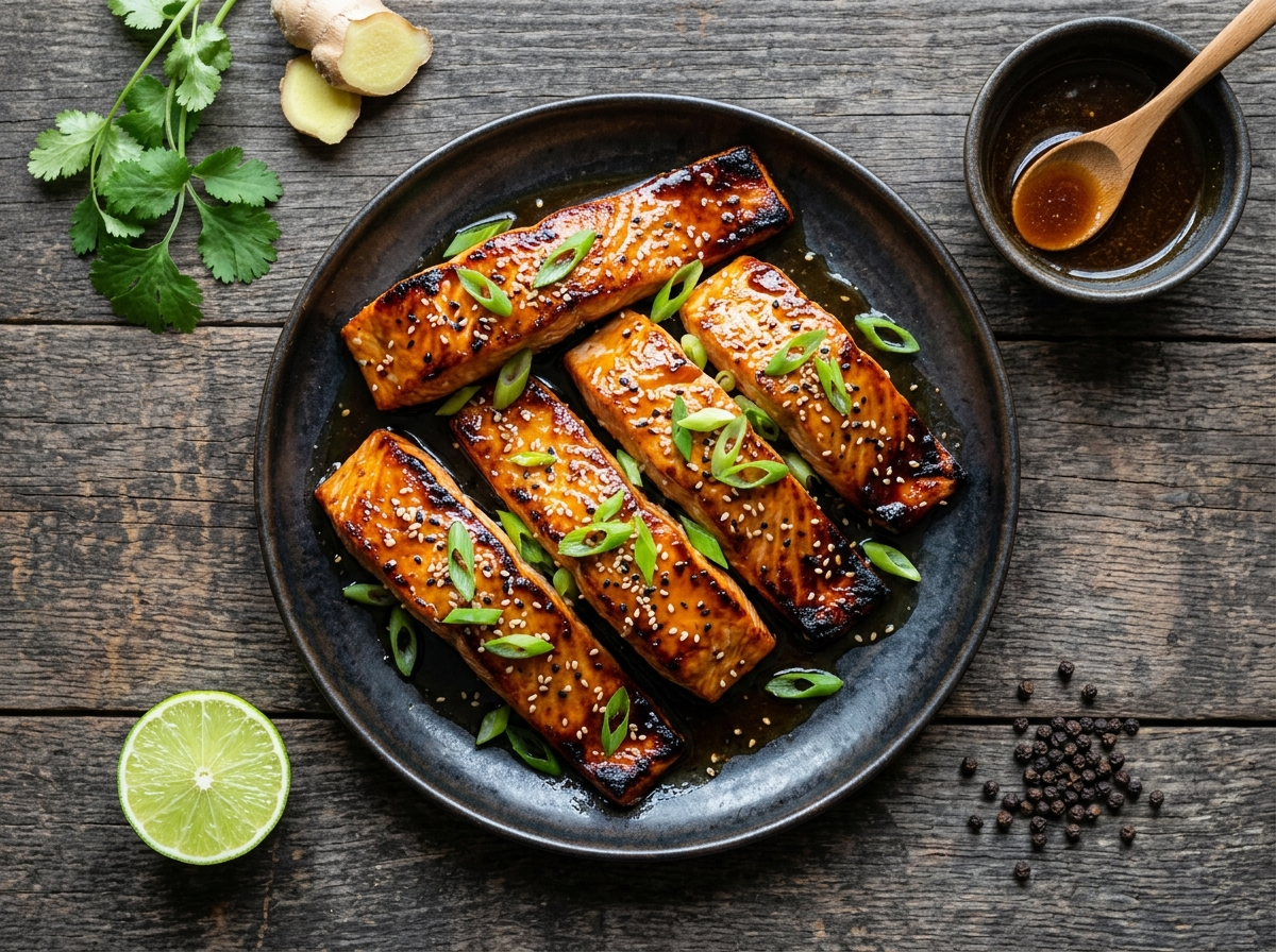 Four honey ginger glazed salmon fillets on a sheet pan with caramelized glaze, sesame seeds, and sliced scallions