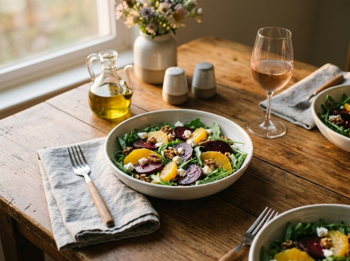 Beet and orange arugula salad bowl on a wooden table with olive oil and a glass of rosé alongside