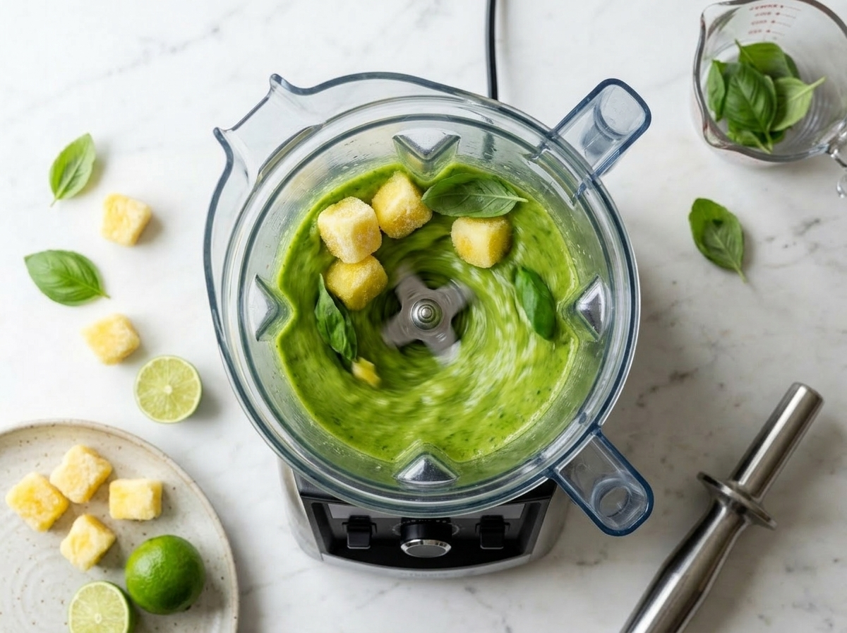 High-speed blender with bright green pineapple and spinach smoothie blending, chunks visible through jar