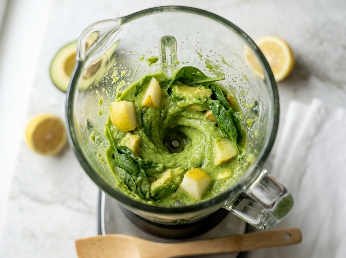 Blender jug showing avocado pear and spinach mid-blend for a green detox smoothie