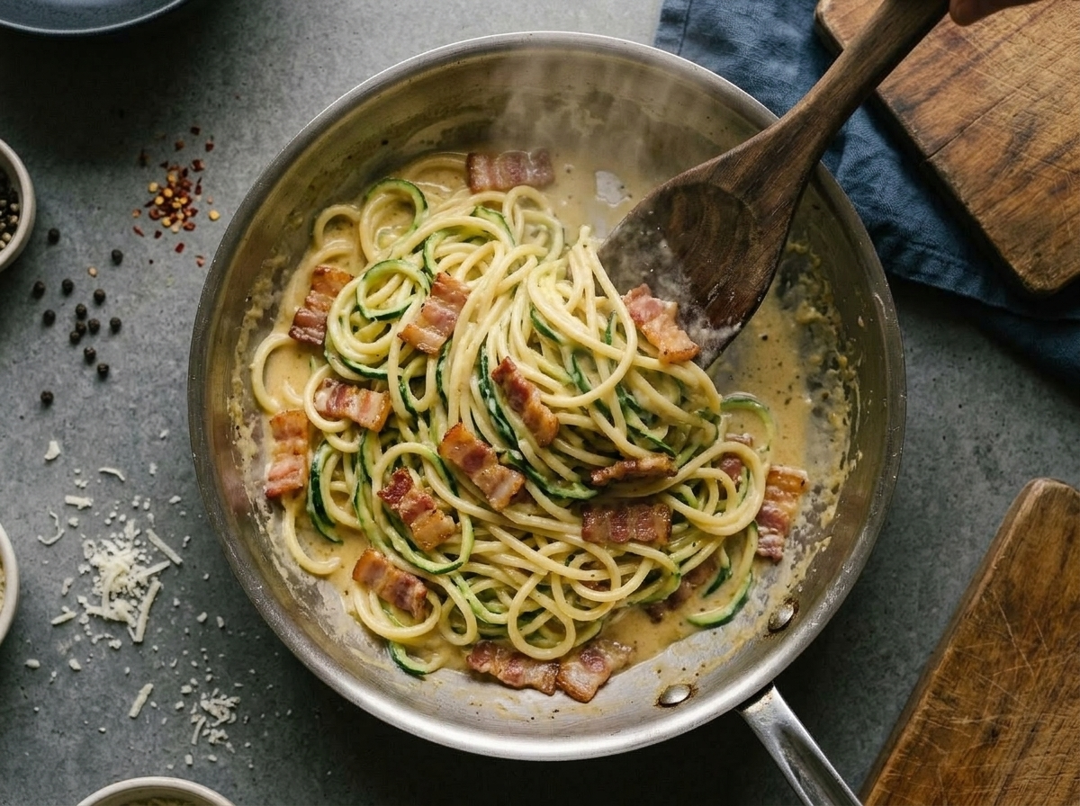 Spiralized zucchini noodles being tossed with pancetta in a hot skillet during keto carbonara cooking