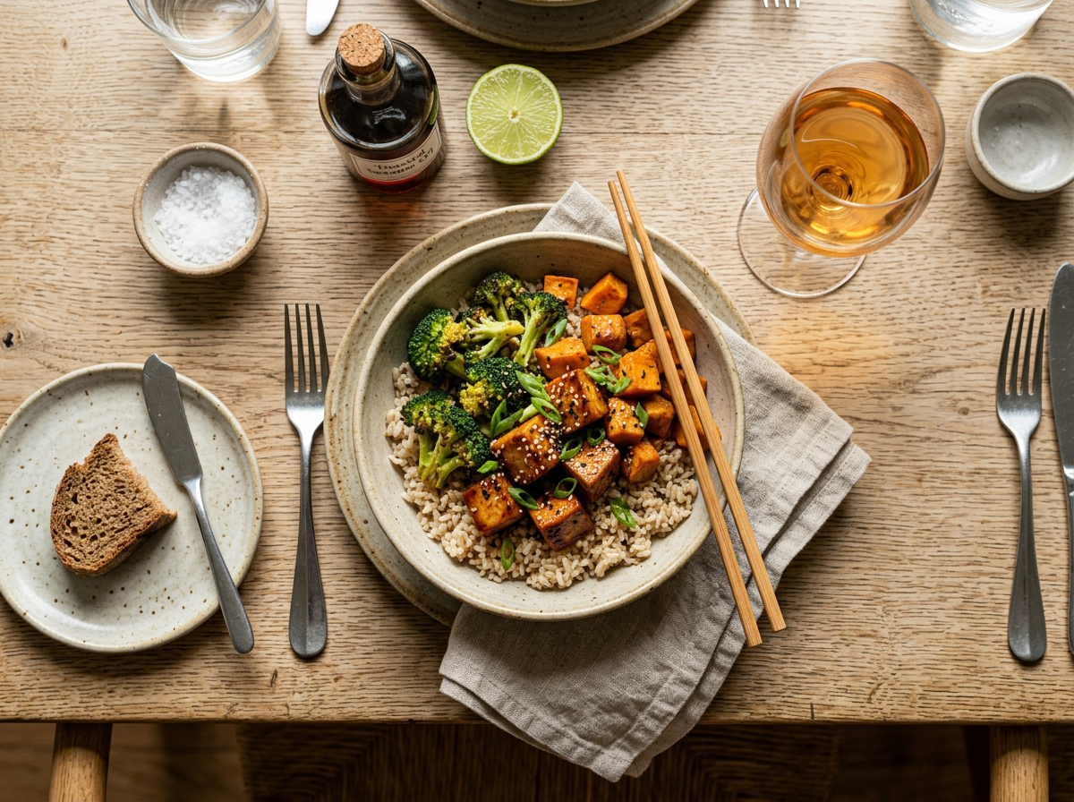 Single maple glazed tofu bowl with sesame seeds and green onions served with chopsticks and lime on a linen napkin