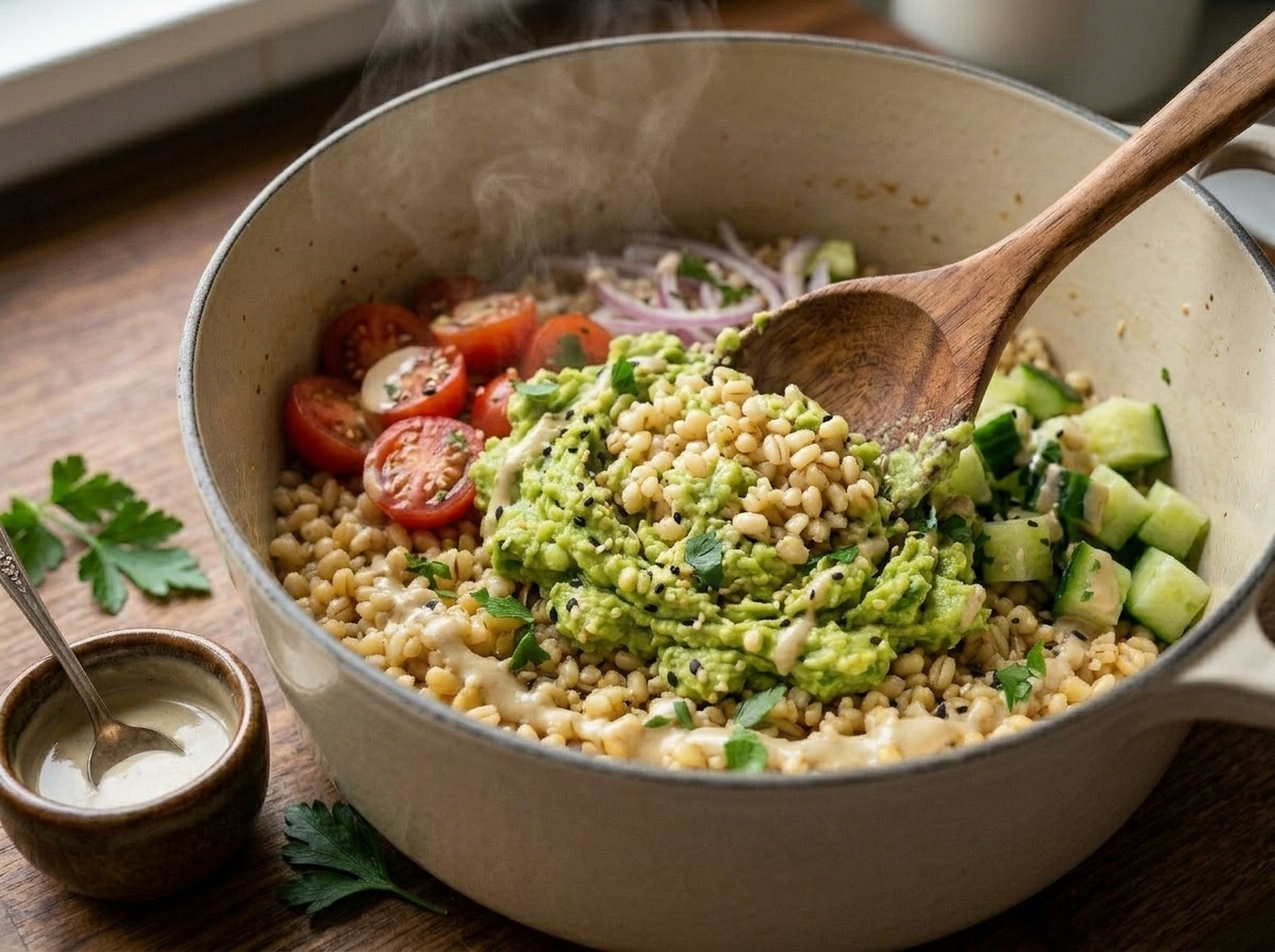 Spooning mashed avocado over warm cooked pearl barley in a bowl with tahini sauce on the side