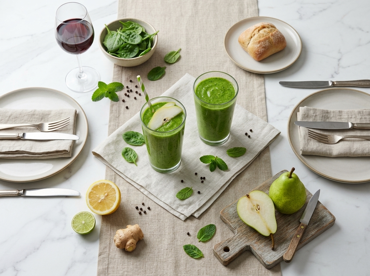 Two green pear spinach smoothies in tall glasses on a linen napkin with halved pear and morning light