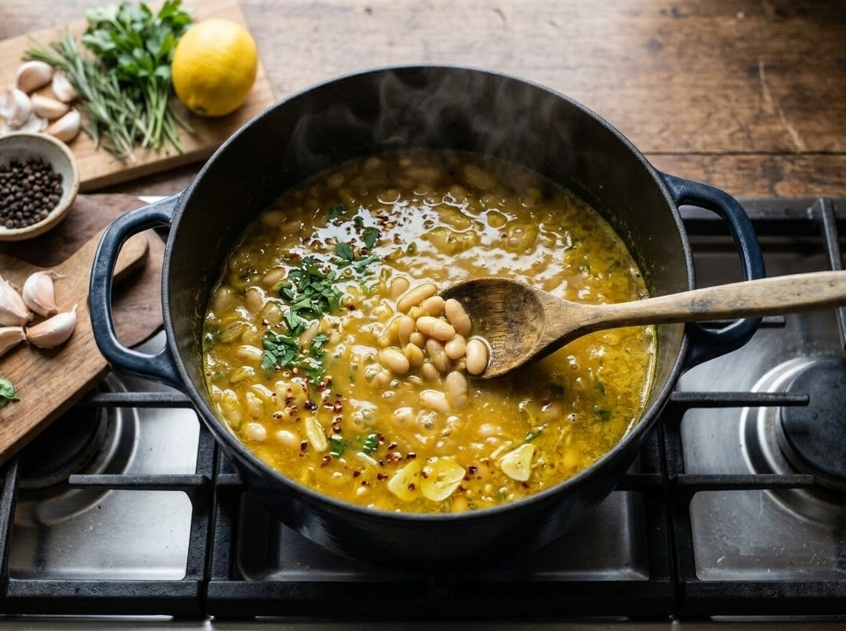 Dutch oven with simmering turmeric white bean stew, wooden spoon mashing beans into the golden broth