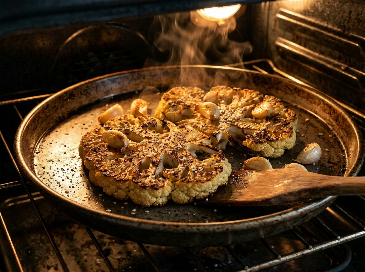 Golden cauliflower steaks and whole garlic cloves roasting on a hot sheet pan in the oven