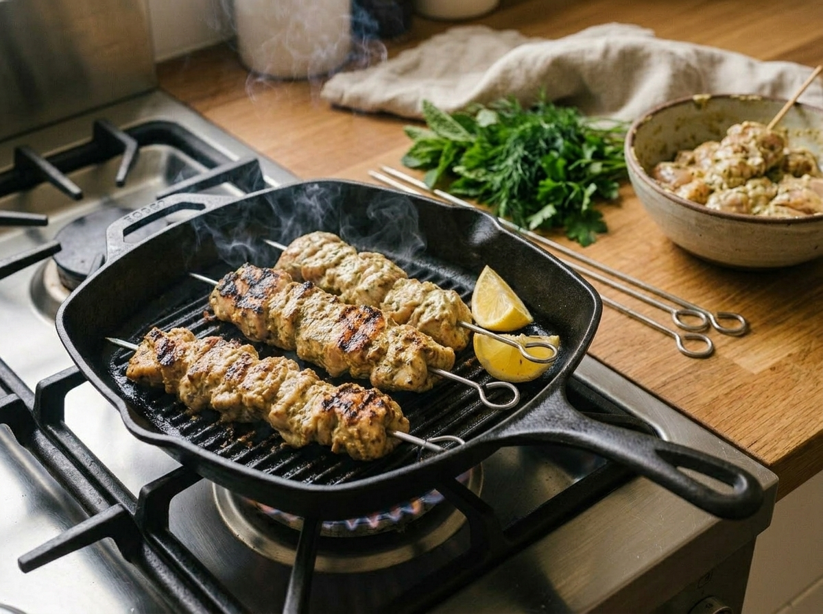 Raw spiced yogurt coated chicken skewers on a hot grill with first char marks forming on the grates