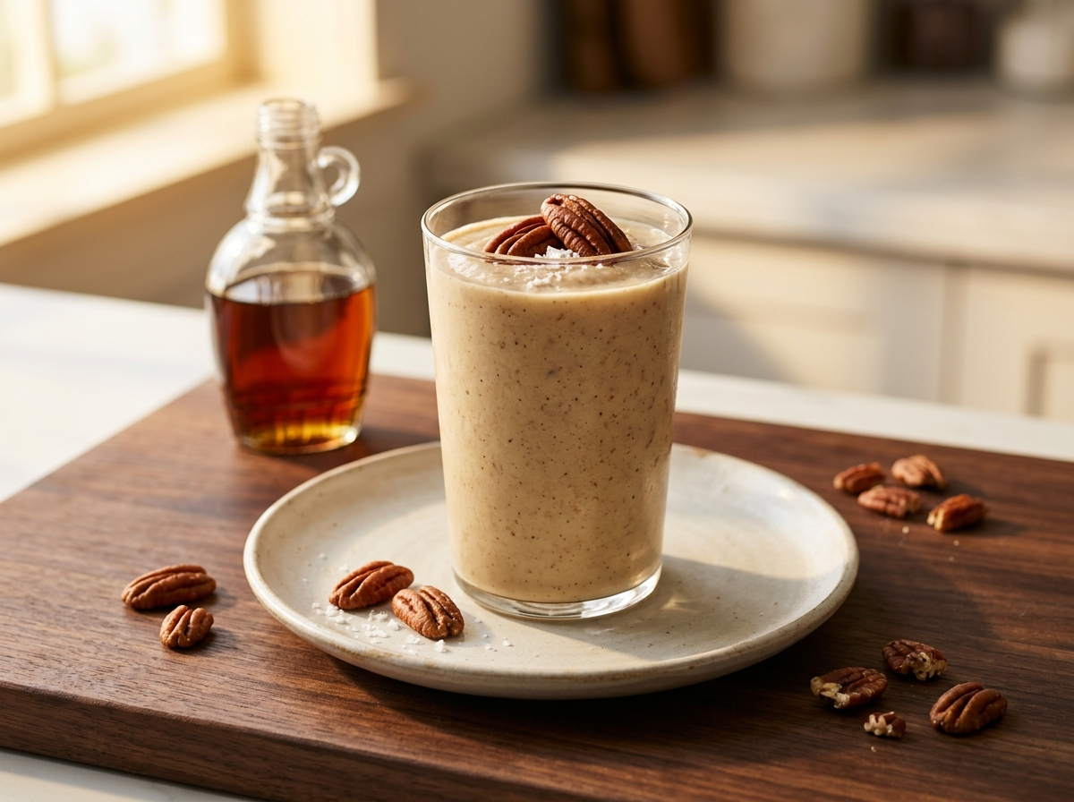 Thick salted maple pecan smoothie in a tall glass topped with toasted pecans and flaky sea salt on a dark wood surface