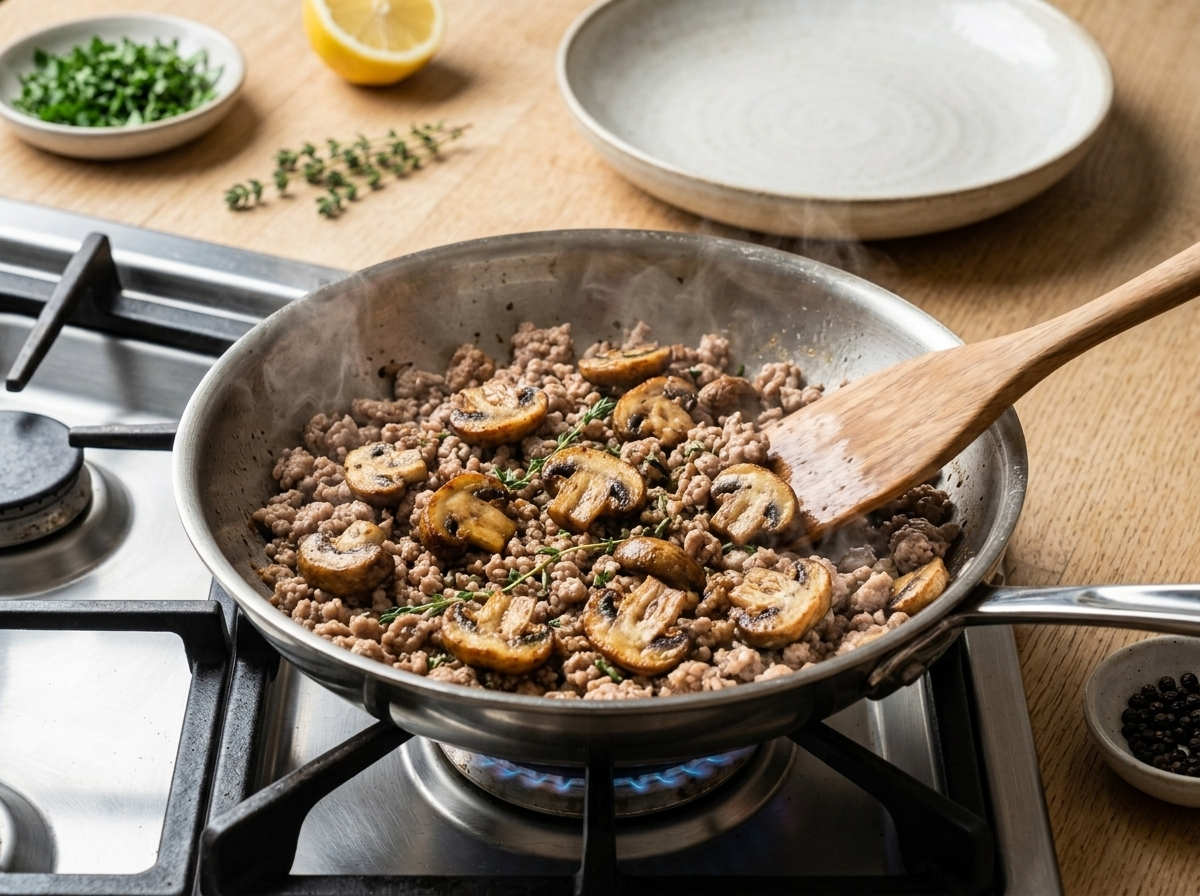 Cremini mushrooms searing golden in a stainless skillet with a wooden spatula during turkey skillet cooking process
