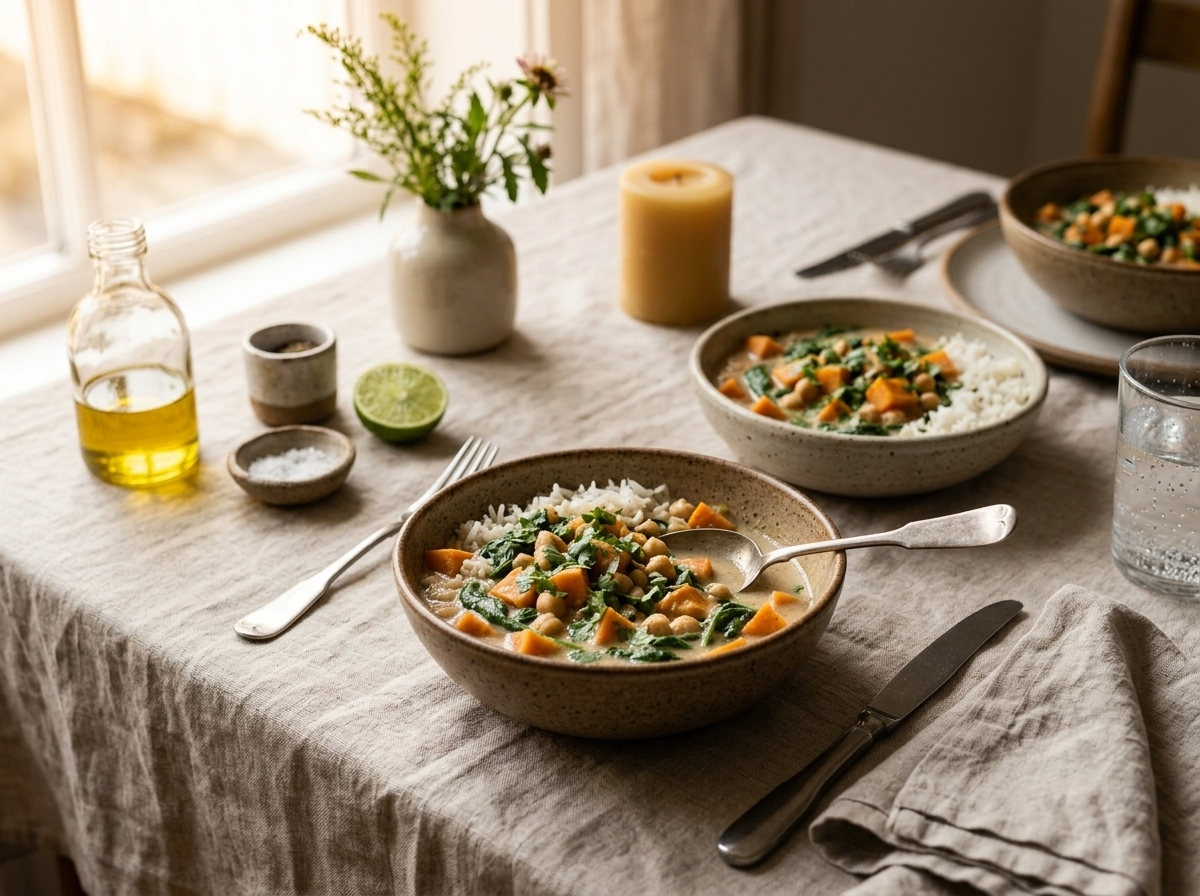 Two bowls of coconut spinach veggie stew over basmati rice on a linen-covered table with lime wedges