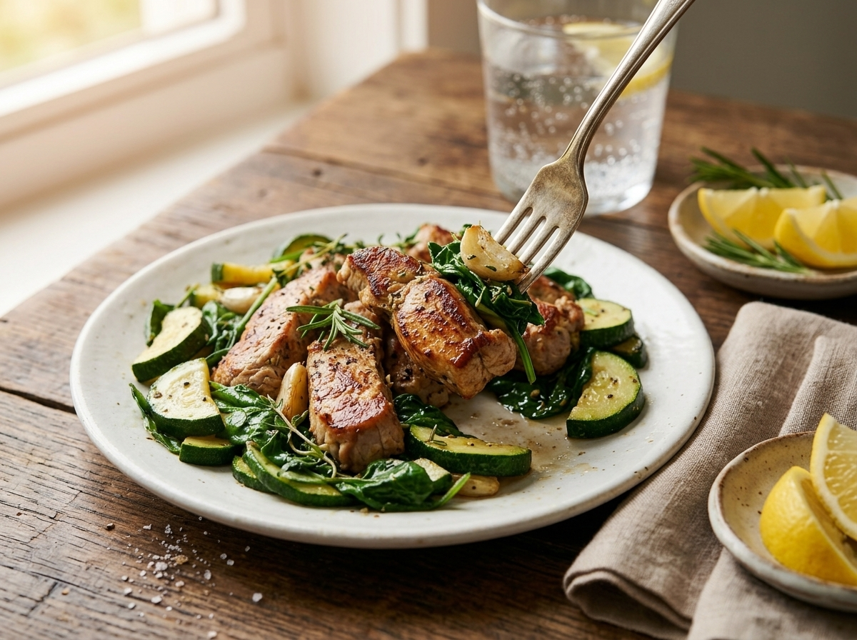 Plated low-carb herb pork skillet on a white ceramic plate with lemon wedges and a linen napkin