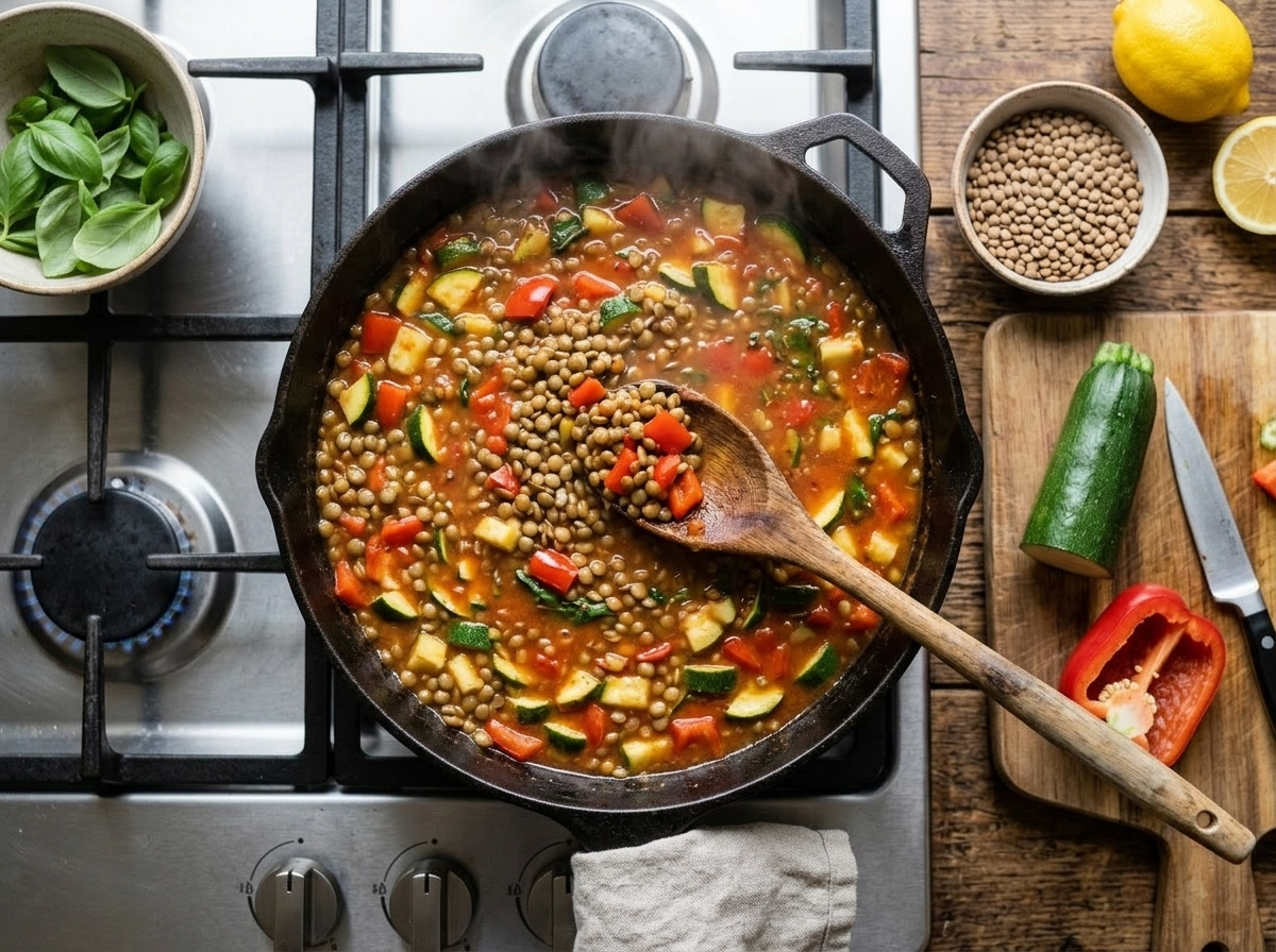 Green lentils and diced vegetables simmering in tomato broth in a skillet, mid-stir with a wooden spoon