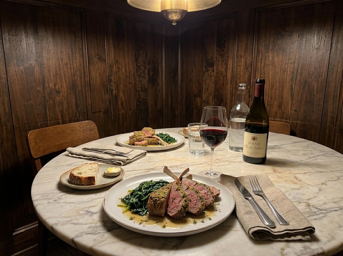 Plated herb-crusted lamb chops with wilted greens on white ceramic plates with a glass of red wine alongside