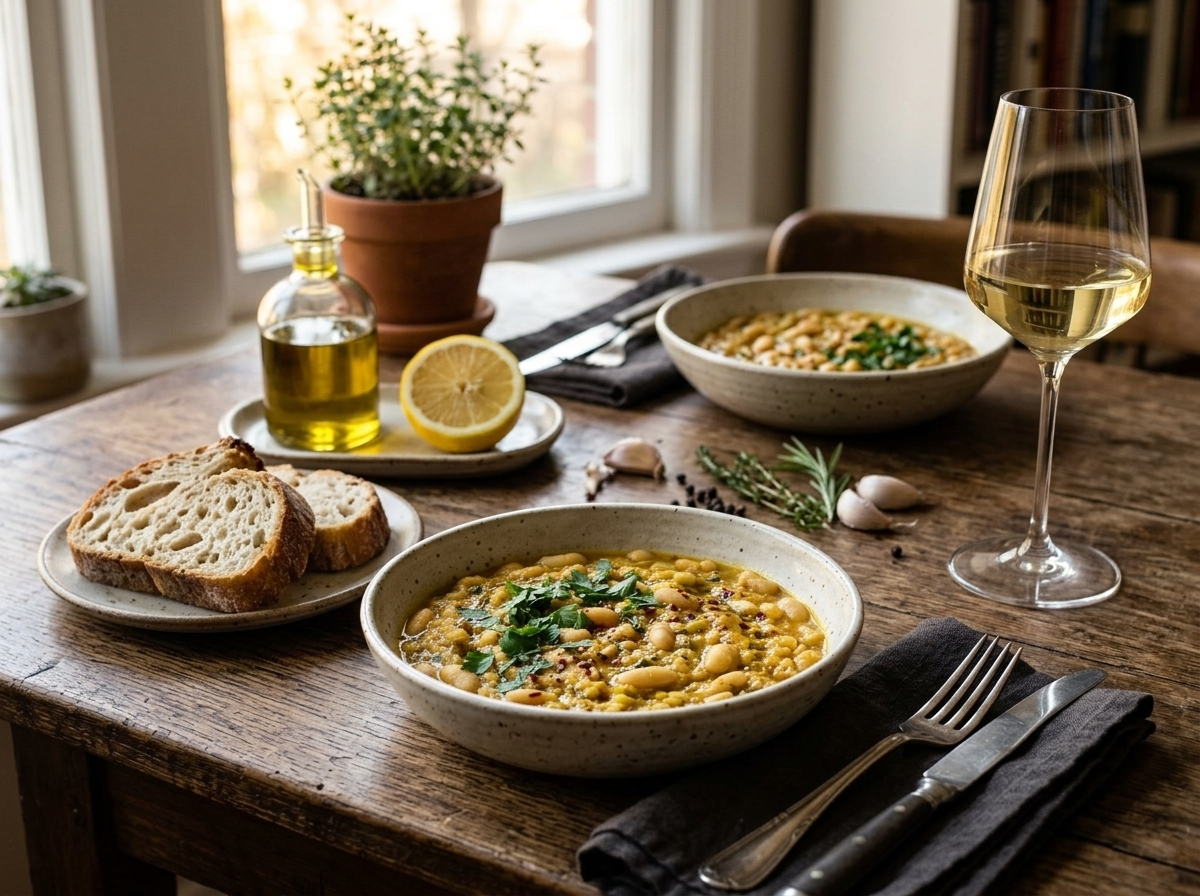Two bowls of turmeric white bean stew served with sourdough bread and a glass of white wine on a linen table