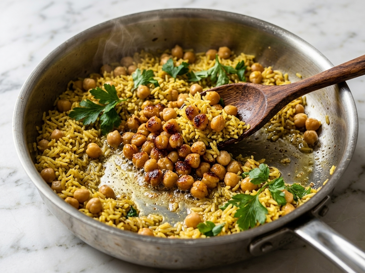 Golden chickpeas browning in a saucepan with olive oil and spices for a lemon rice pilaf recipe