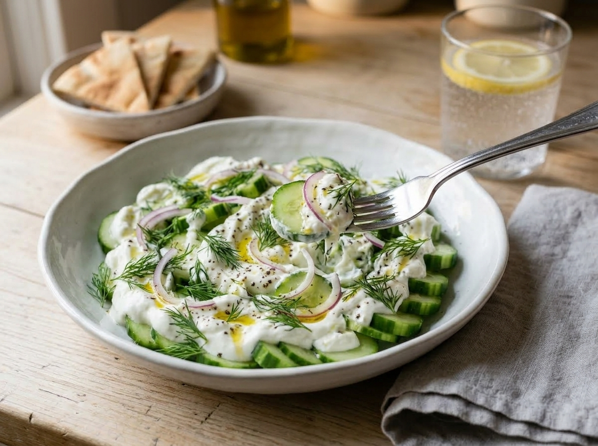 Cucumber dill Greek yogurt salad bowl on a wooden table with warm pita and sparkling water