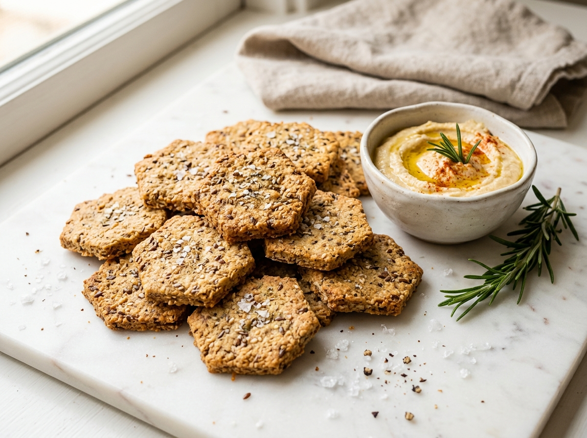 Golden gluten-free almond flour crackers stacked on marble board with a bowl of hummus and rosemary