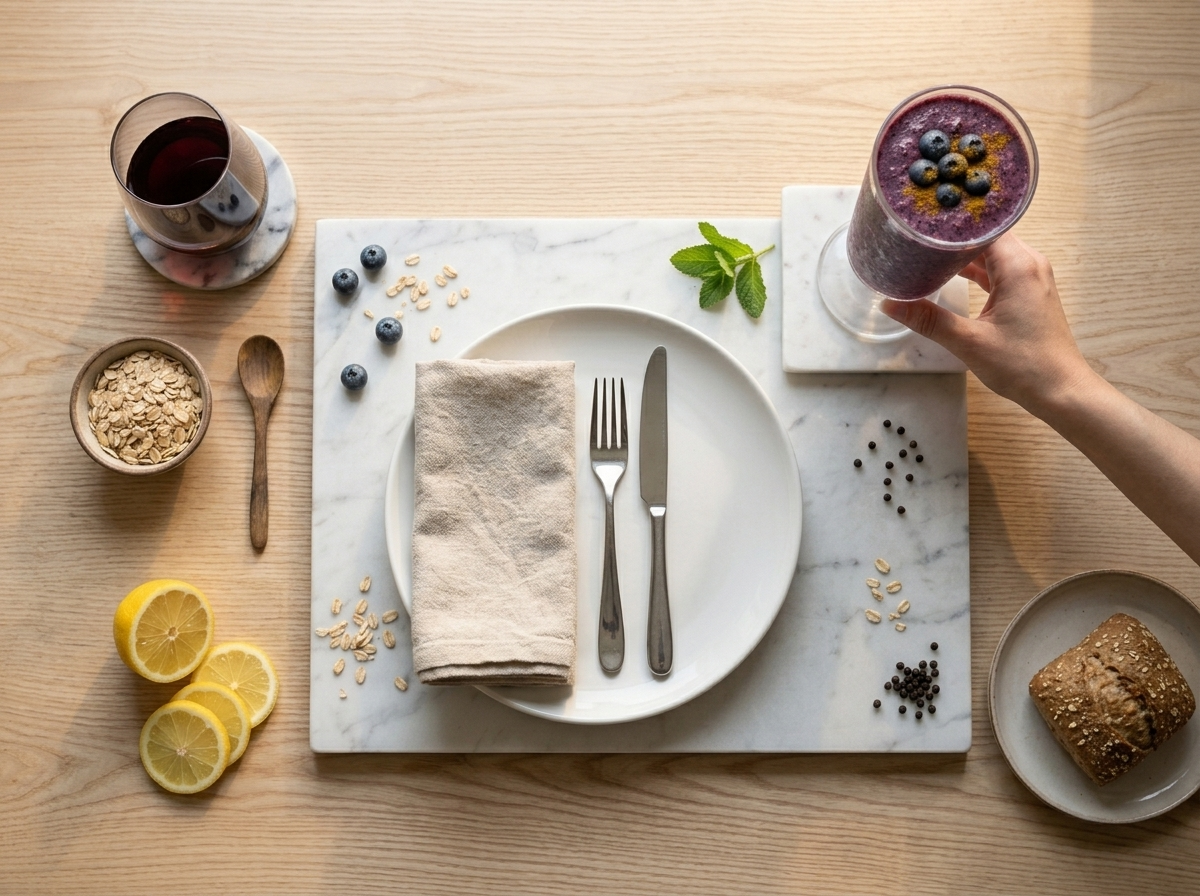 Hand holding a deep purple blueberry turmeric oat smoothie with oats and lemon on a wooden table