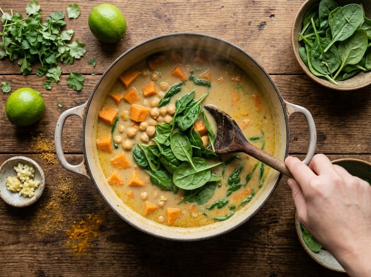 Stirring baby spinach into simmering coconut stew with chickpeas and sweet potato in a large pot