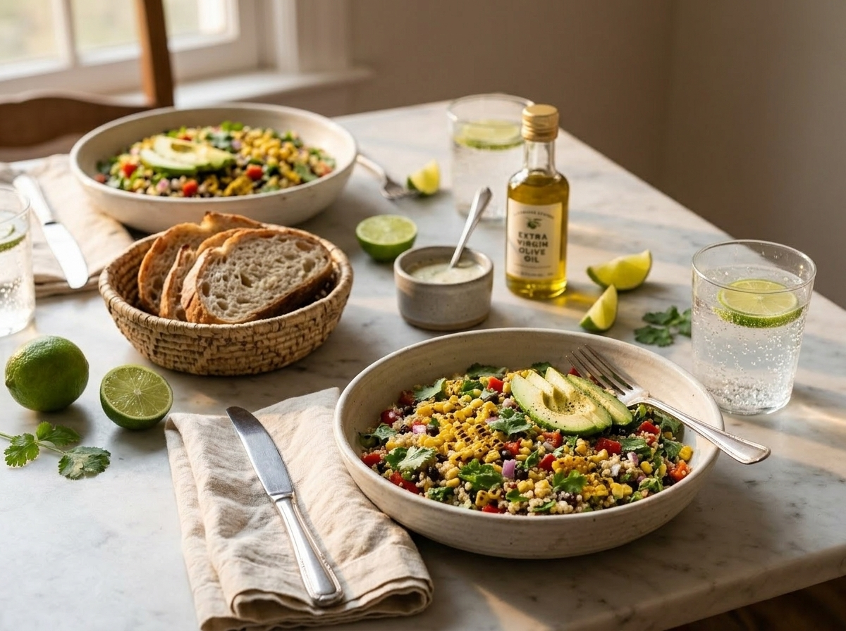 Two bowls of quinoa corn salad with avocado and cilantro on marble surface with sparkling water and linen napkin