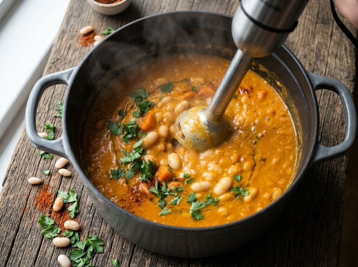 Immersion blender partially blending orange carrot and cannellini bean soup in a Dutch oven on the stove