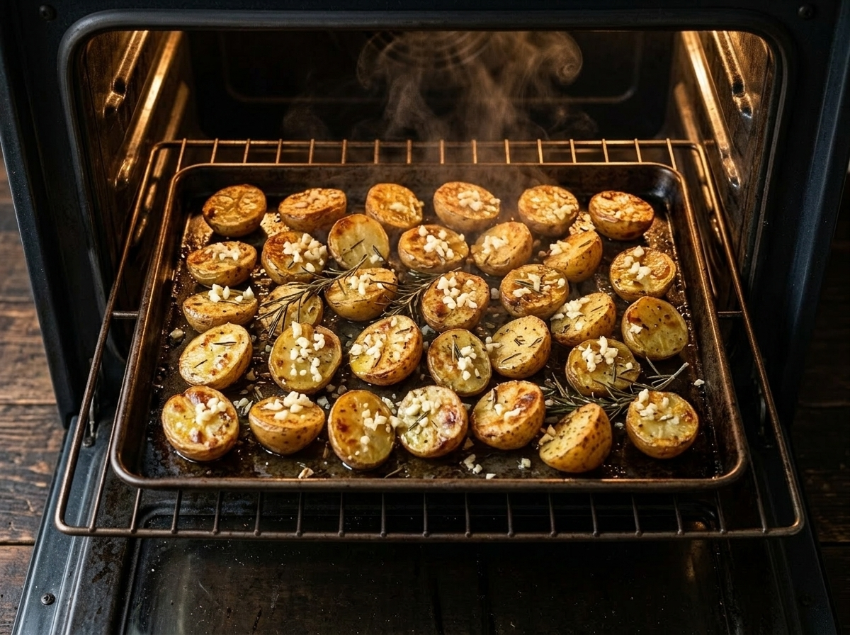 Halved potatoes roasting cut-side down on a sheet pan with minced garlic scattered over the top