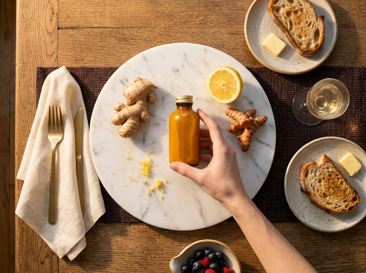 Hand reaching for a citrus ginger wellness shot bottle on a linen napkin in morning light