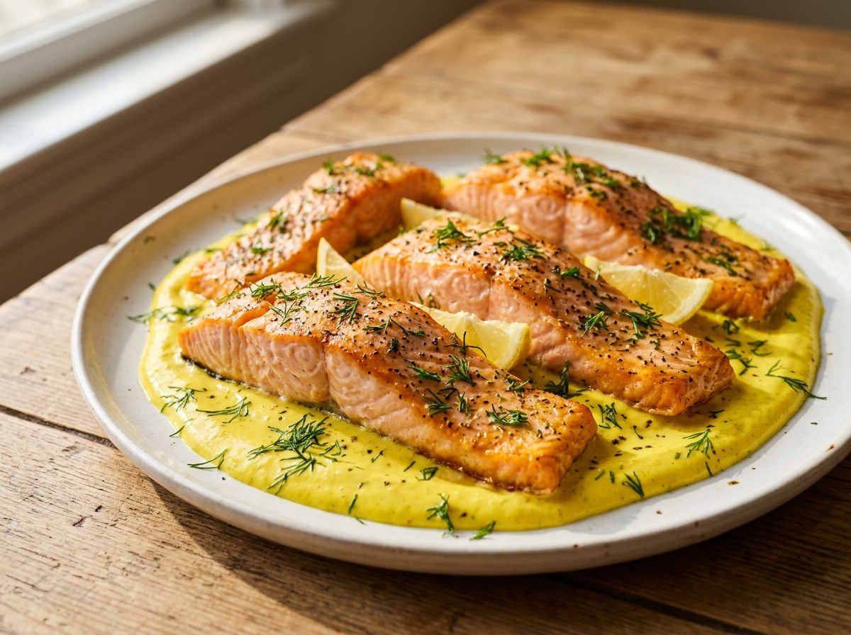 Four roasted salmon fillets on turmeric yogurt sauce with fresh dill and lemon wedges on white ceramic plates