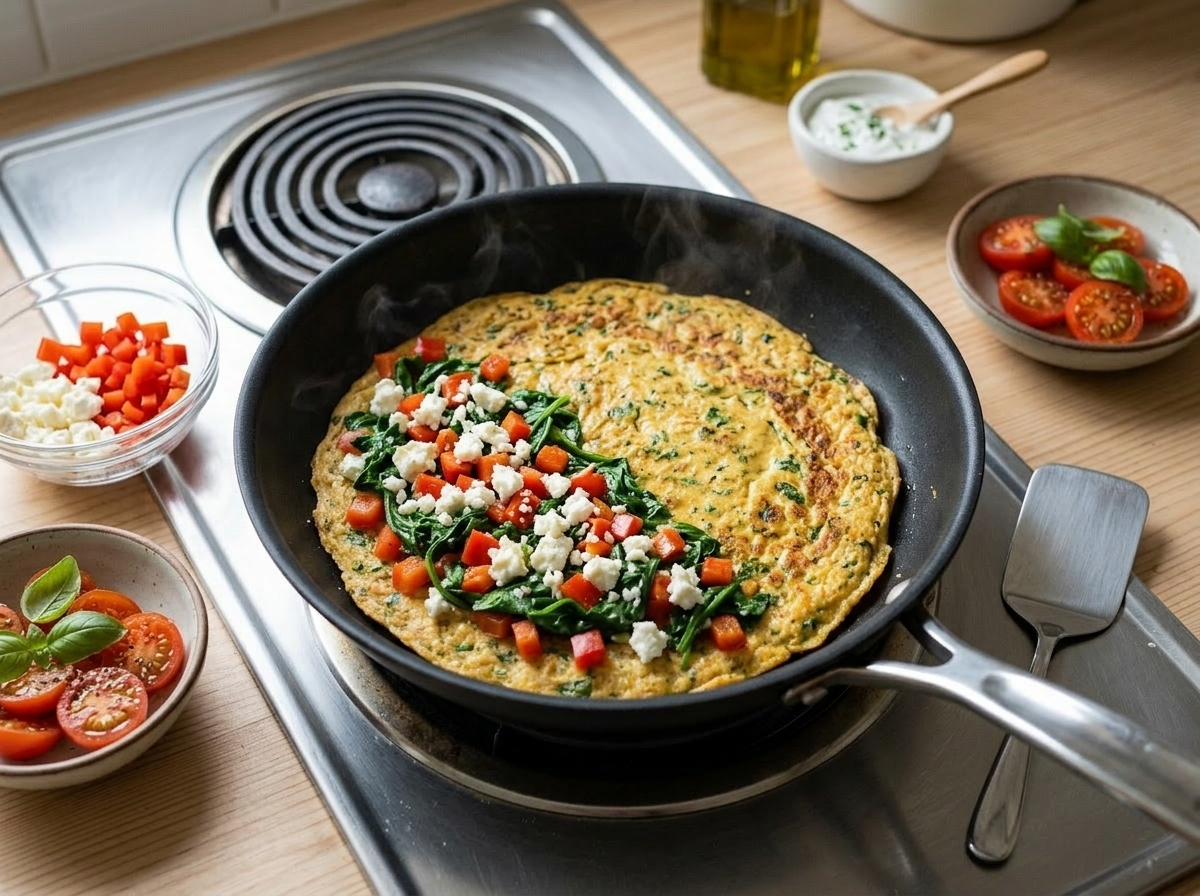 Chickpea omelette batter cooking in nonstick skillet with wilted spinach and diced bell pepper filling