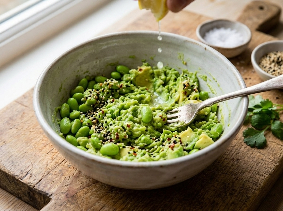 Fork mashing cooked edamame and ripe avocado together in a bowl with lemon juice being added