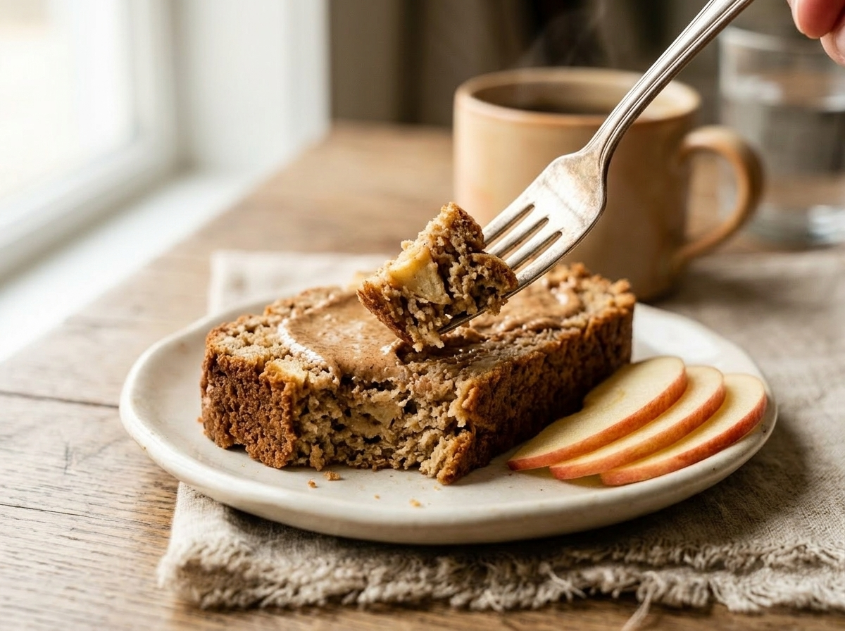 Slice of gluten-free apple cinnamon loaf with almond butter on a white plate beside a morning coffee