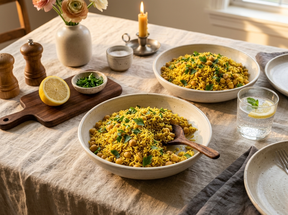 Two bowls of chickpea lemon rice pilaf on a linen tablecloth with fresh lemon and parsley on the side