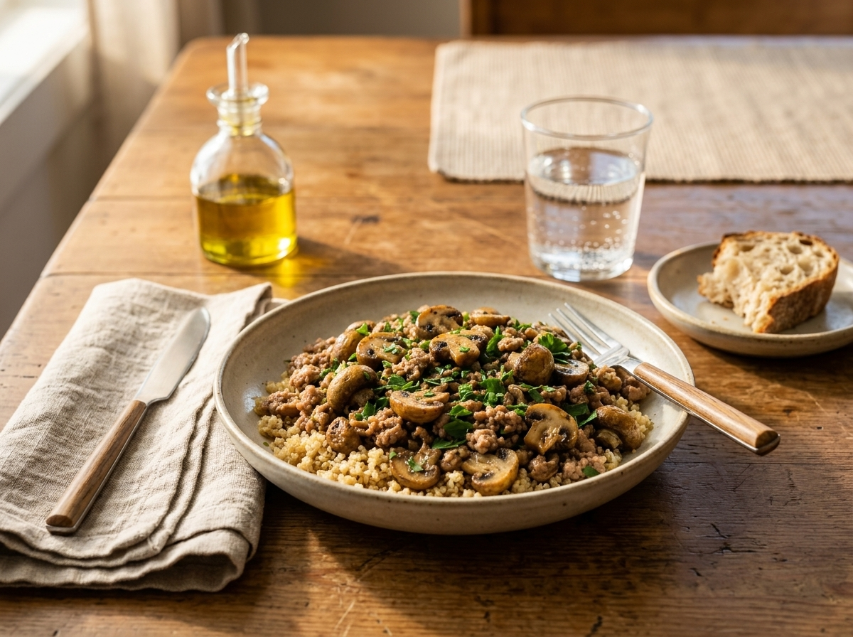 Turkey mushroom skillet served over quinoa in a bowl with olive oil and linen napkin on a marble surface