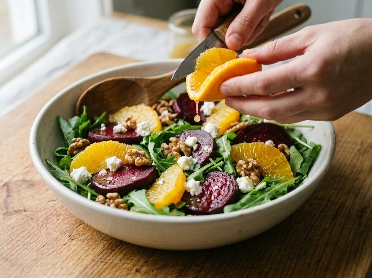 Hands segmenting a navel orange over a salad bowl filled with arugula and roasted beet slices