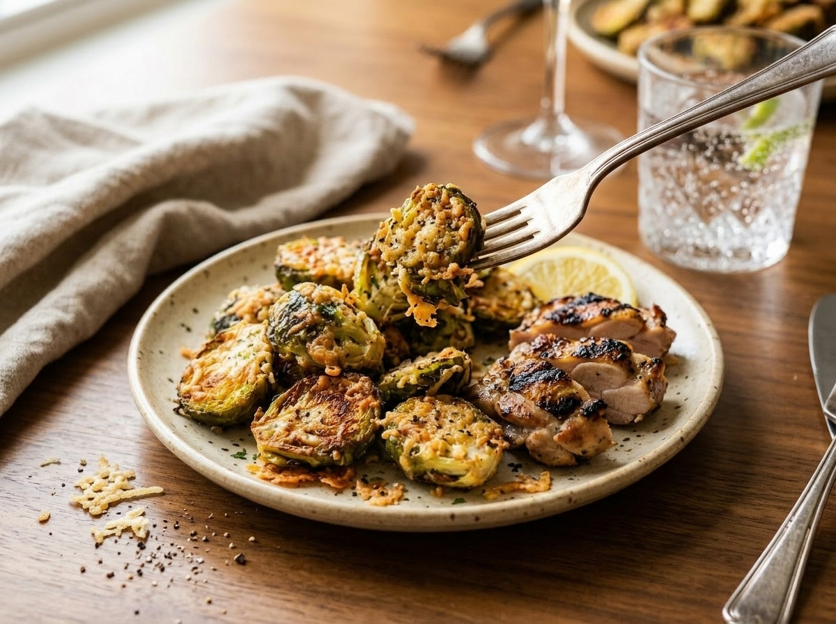 Plate of crispy Parmesan Brussels sprouts served alongside sliced grilled chicken on a wooden dining table