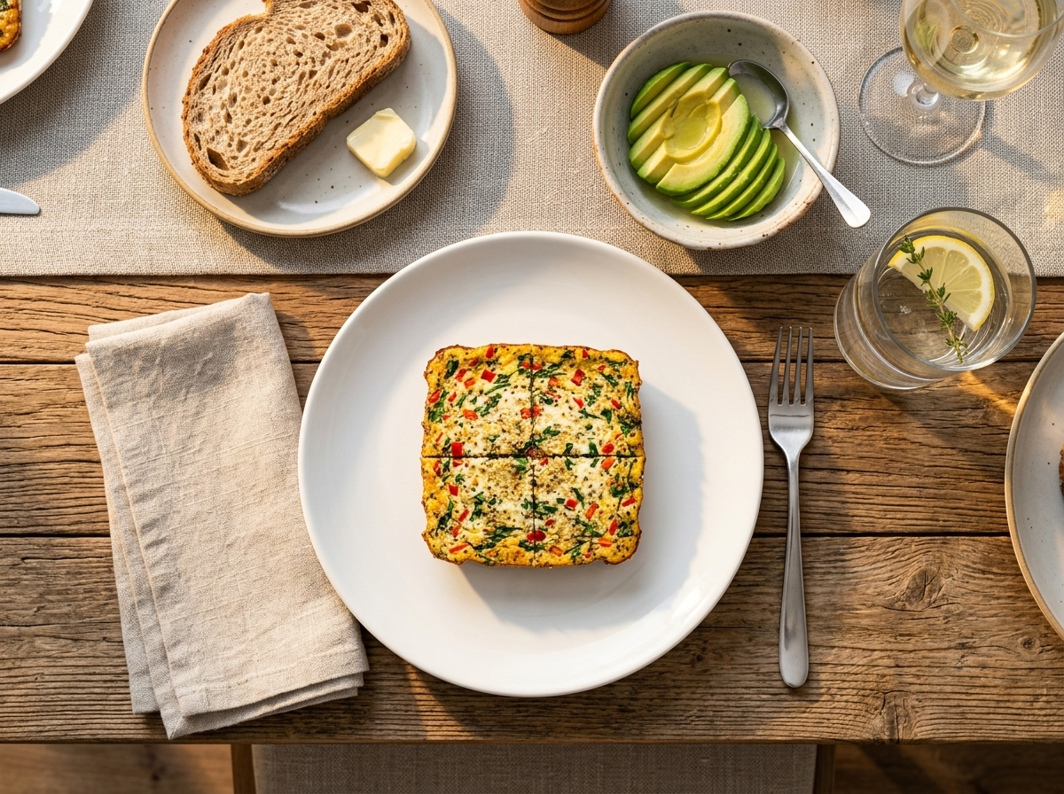 Single quinoa egg white protein bake square on a white plate with avocado on the side and morning light