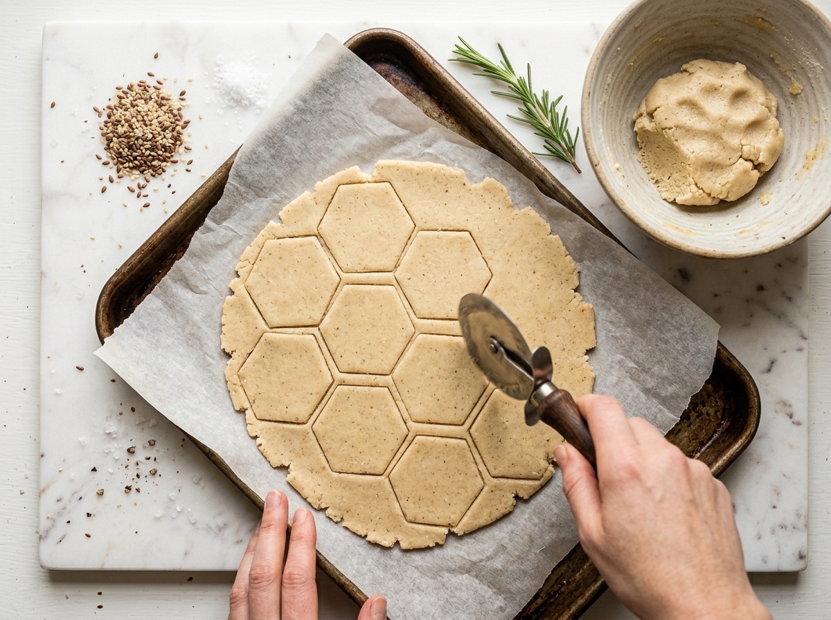 Scoring rolled almond flour cracker dough on parchment paper with a pizza cutter before baking