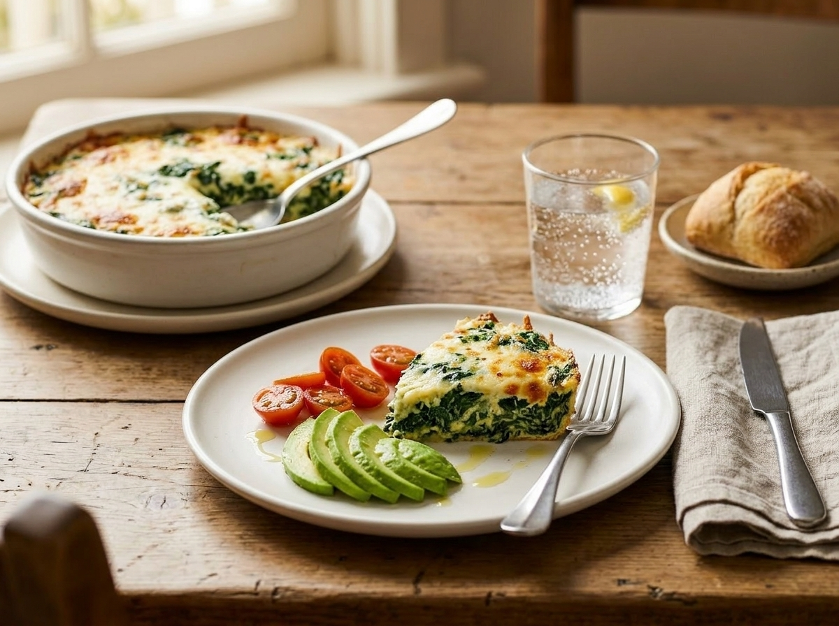 Single slice of keto cheesy spinach bake on a white plate with avocado and cherry tomatoes on the side