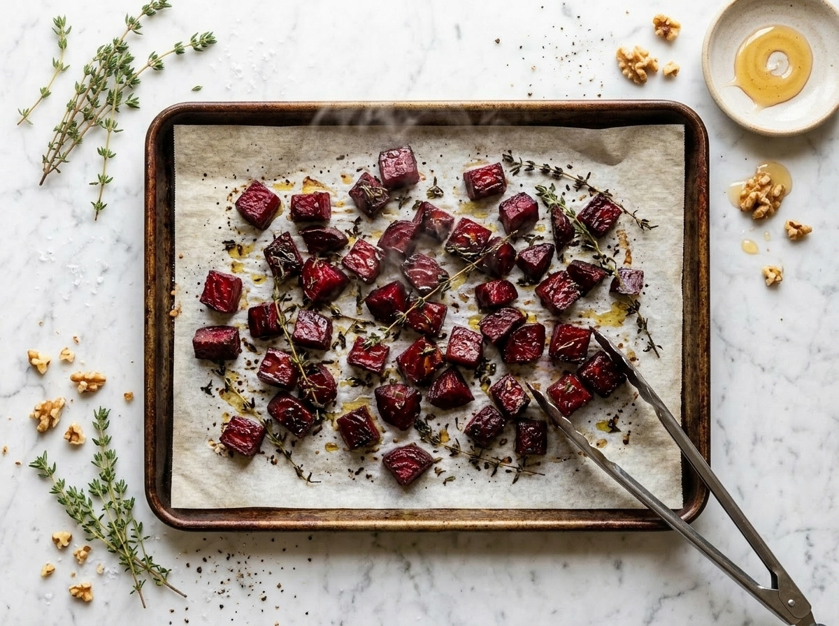 Caramelized roasted beet cubes on a parchment-lined sheet pan fresh from the oven with thyme leaves