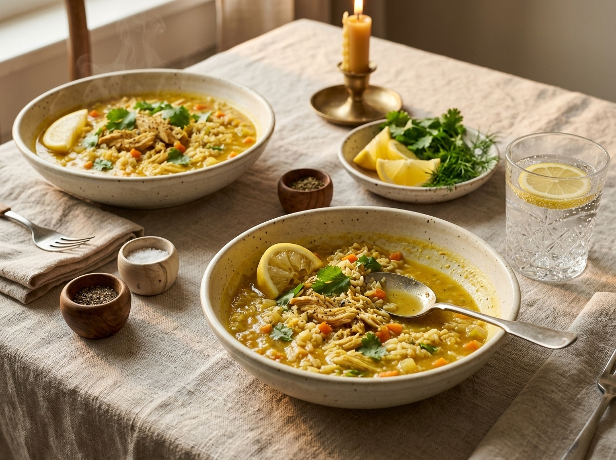 Two bowls of golden ginger turmeric chicken soup on a linen table with lemon wedges and fresh herbs