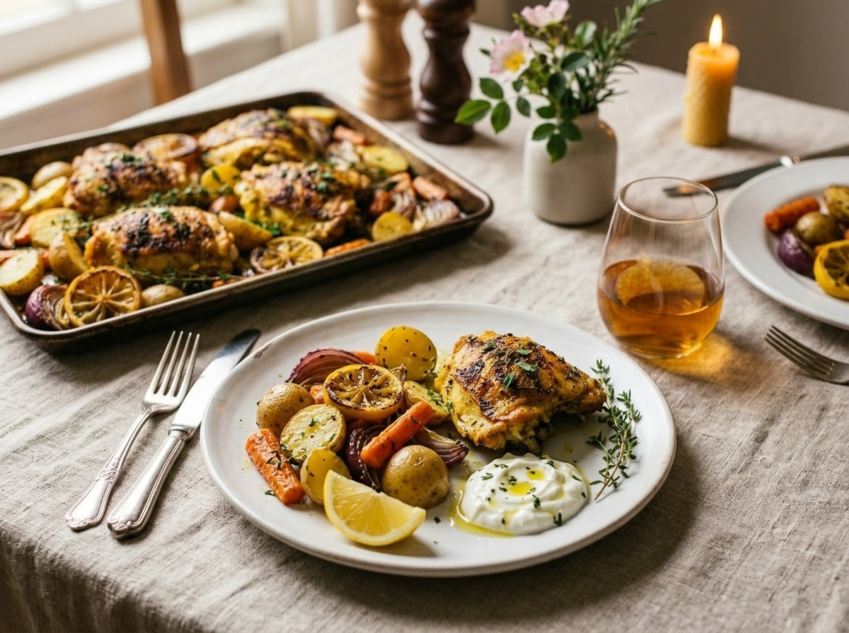 Plated turmeric herb chicken thigh with roasted vegetables and garlic yogurt on a white ceramic plate