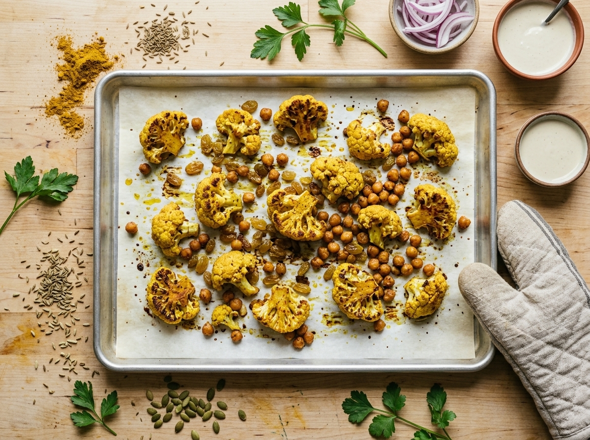 Sheet pan with golden roasted curried cauliflower florets, plump raisins, and crispy chickpeas fresh from a hot oven