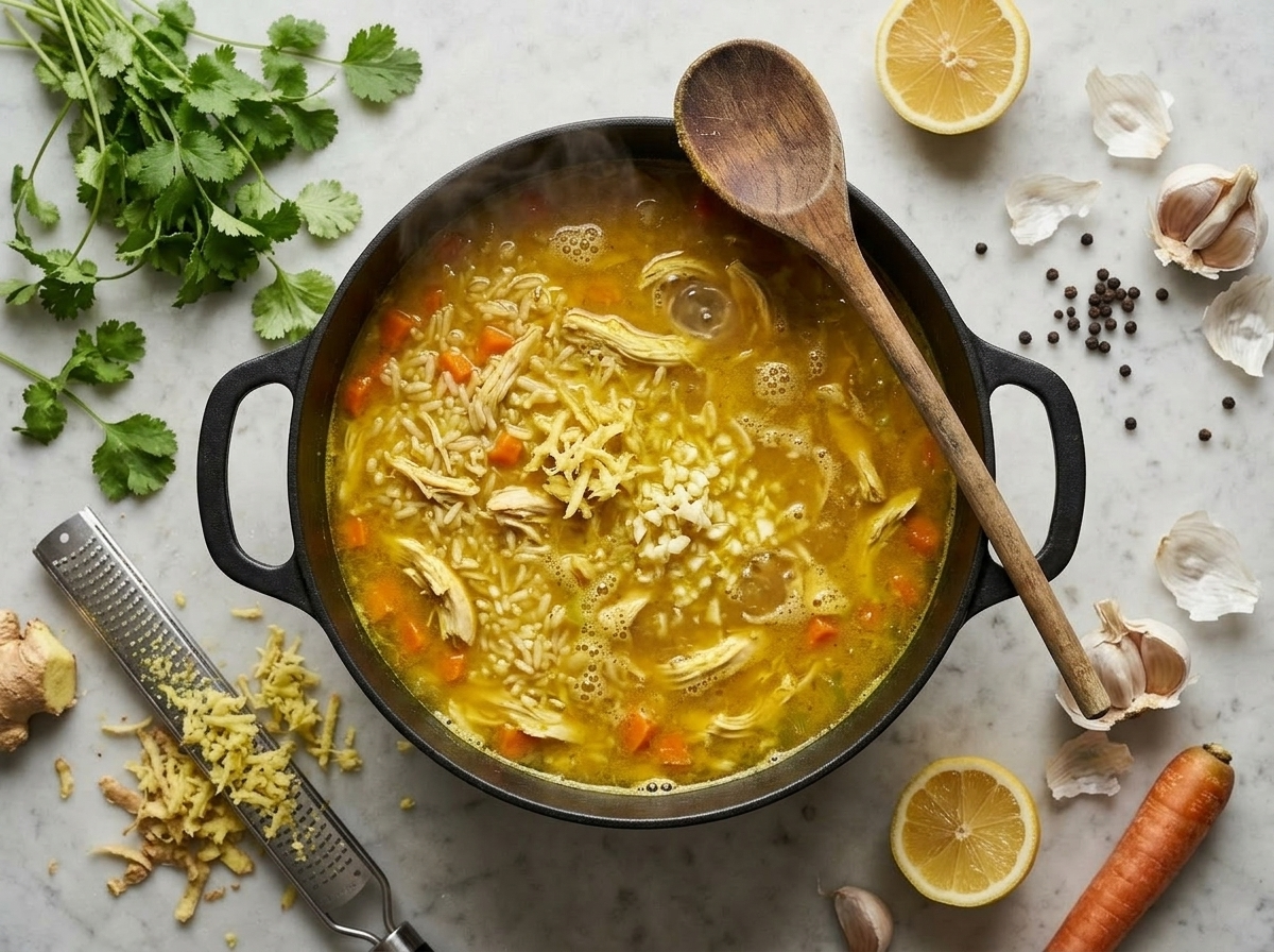 Turmeric chicken and jasmine rice simmering in a Dutch oven with wooden spoon resting across the rim