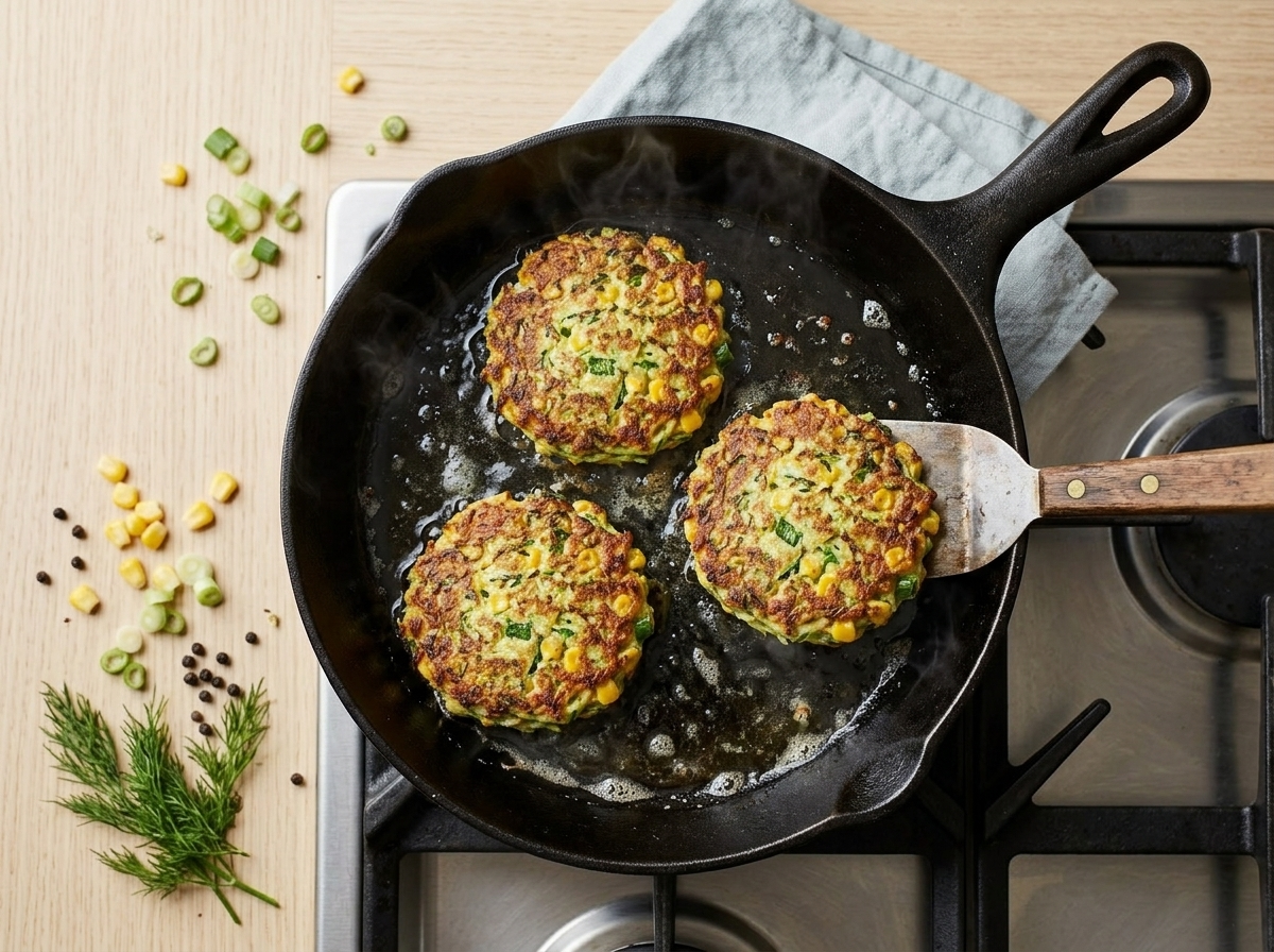 Three gluten-free veggie fritters cooking in a cast iron skillet with a spatula pressing one flat