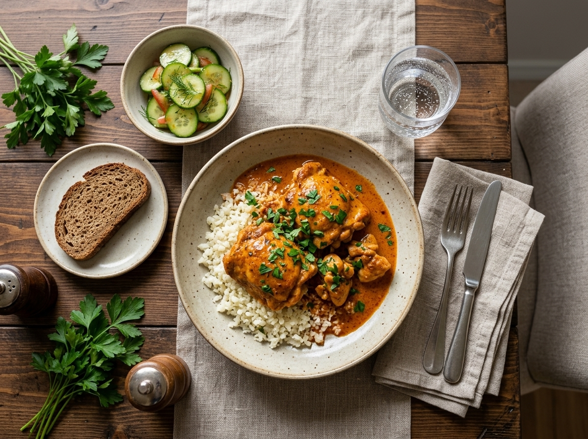 Keto chicken paprika served over cauliflower rice in a ceramic bowl with fresh parsley garnish
