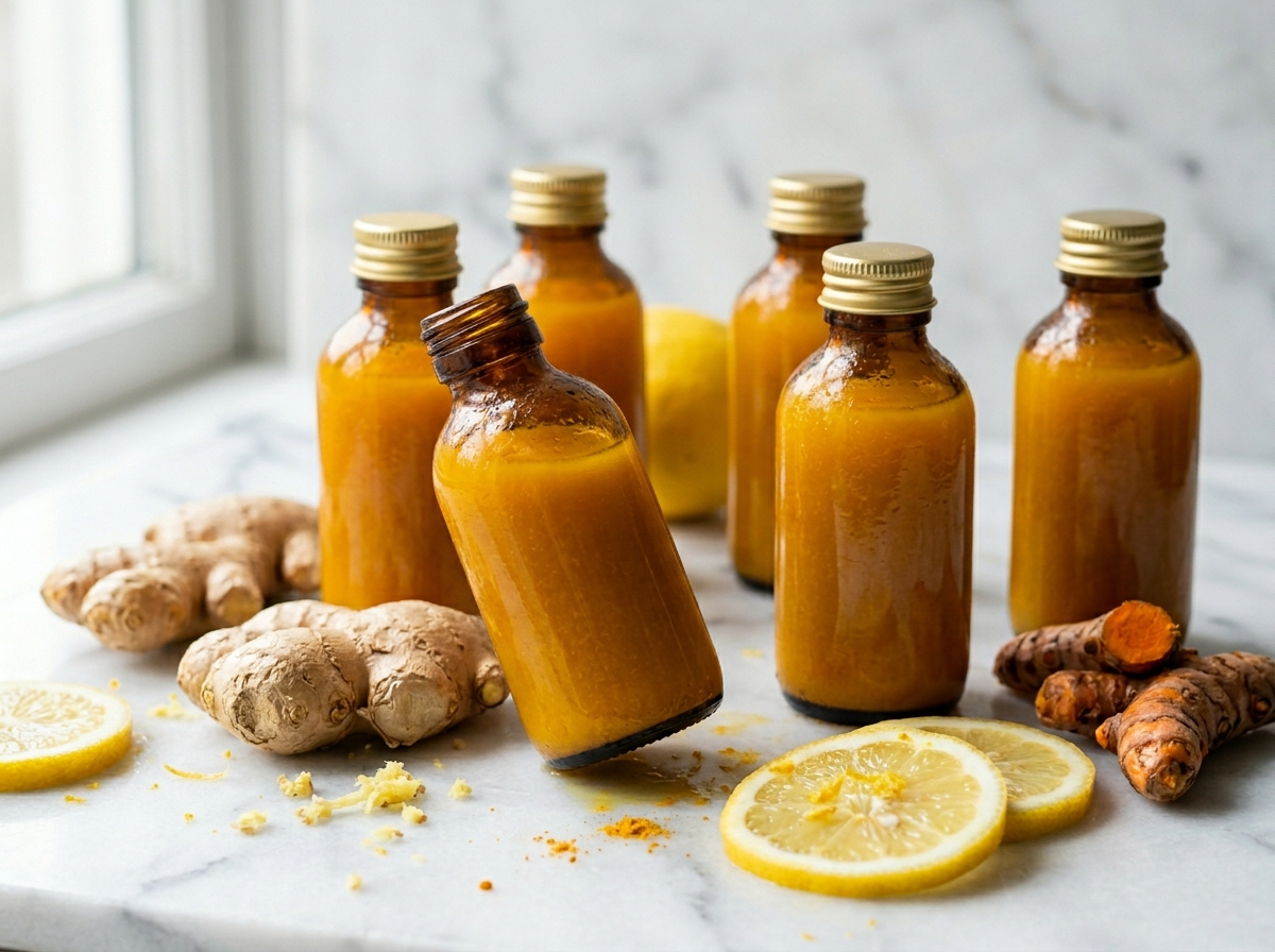 Six amber glass bottles of bright citrus ginger wellness shots with fresh lemon, turmeric, and ginger on marble