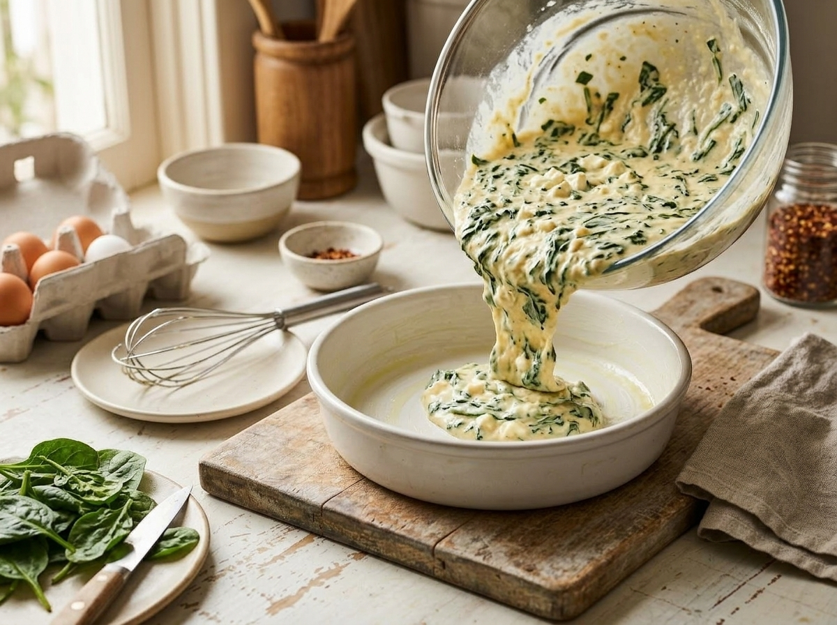 Creamy spinach and egg mixture being poured into a baking dish with green spinach and cream cheese visible
